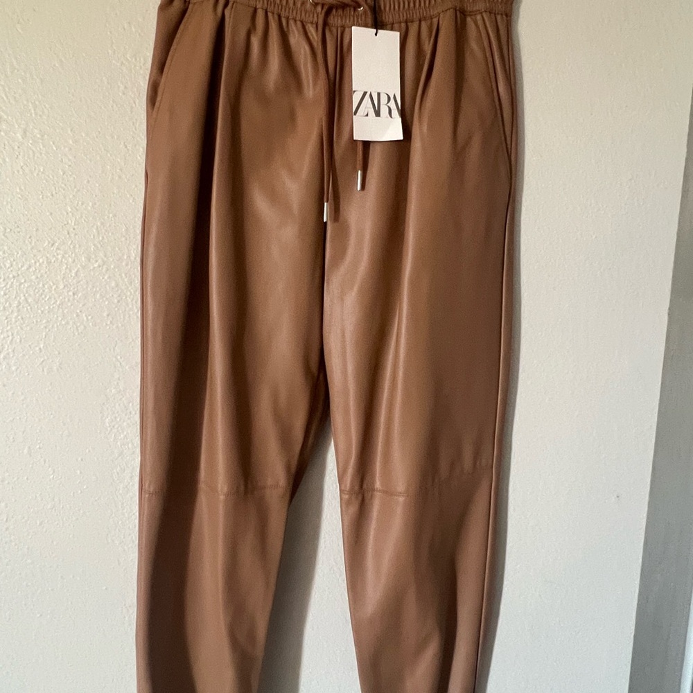 Zara Faux Leather Tan Joggers